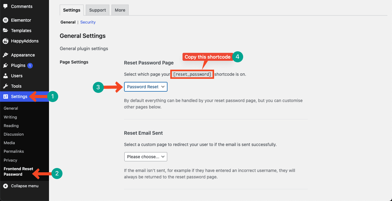 به Settings > Frontend Reset Password > Settings بروید.