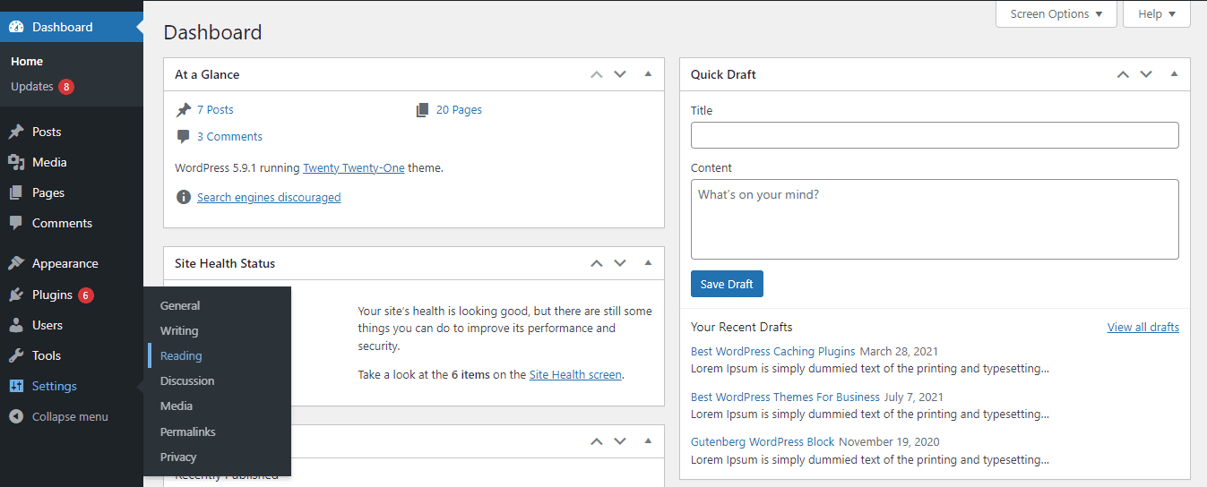 به تنظیمات > خواندن Settings > Reading بروید.