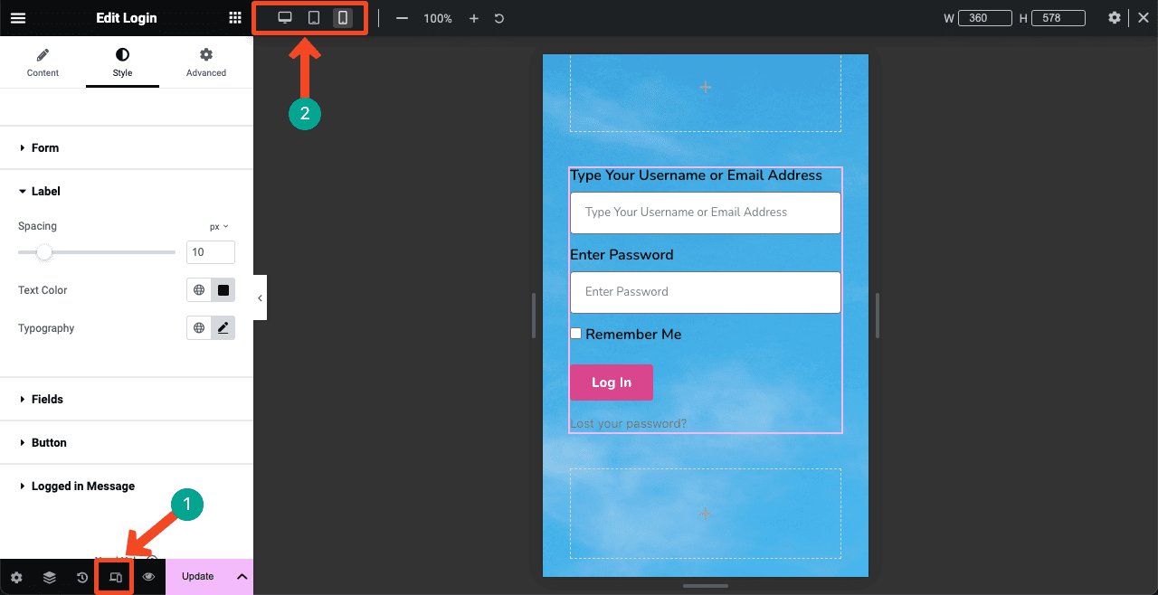گزینه Responsive Mode را در پایین پنل Elementor فشار دهید.