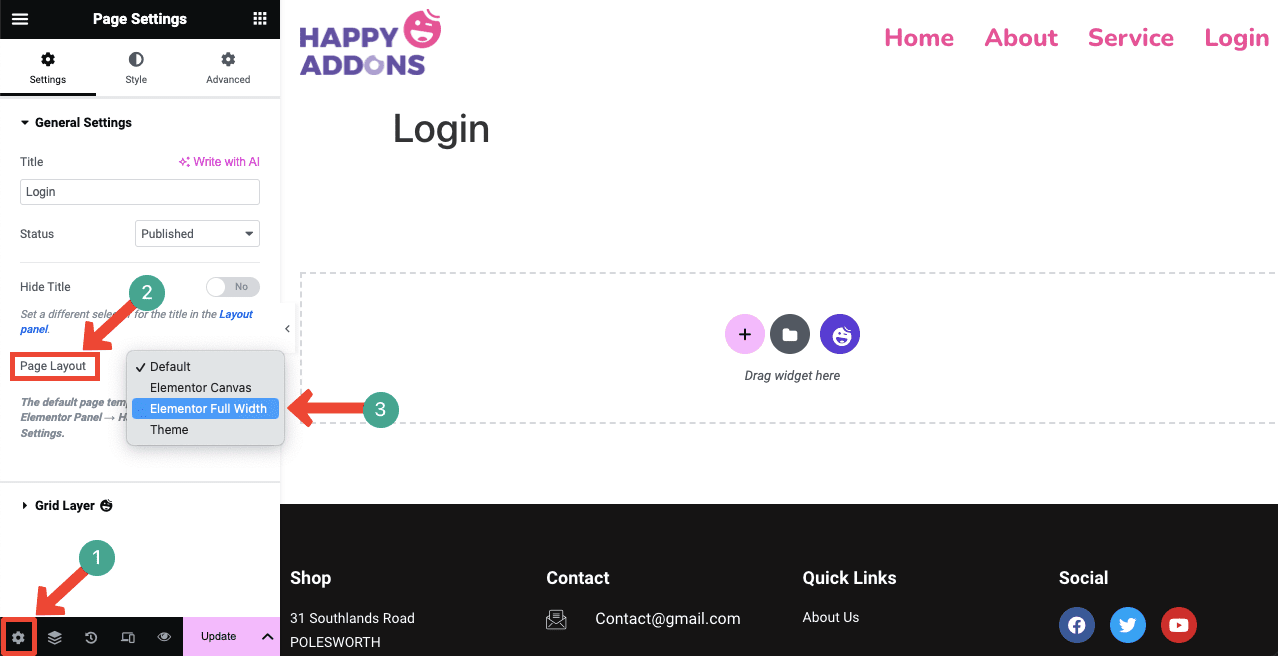 برای حذف محتوای غیر ضروری، به Settings > Page Layout > Elementor Full Width بروید.