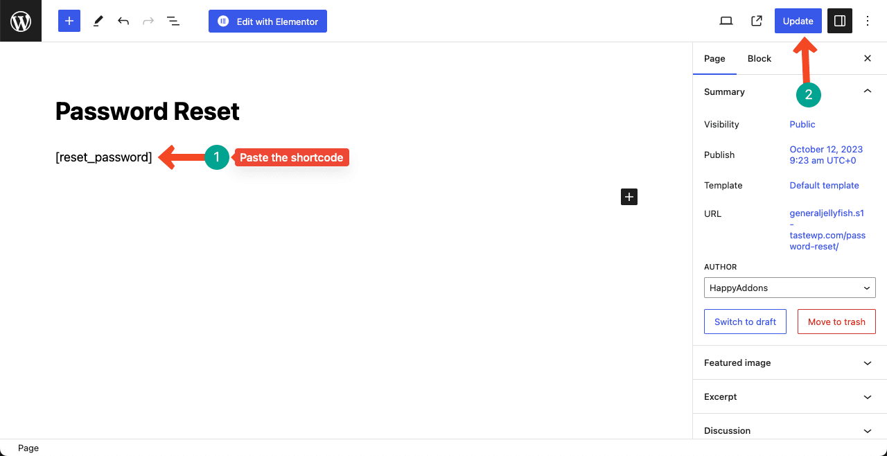 کد کوتاه را در صفحه Password Reset قرار دهید و در پایان آن را به روز کنید 