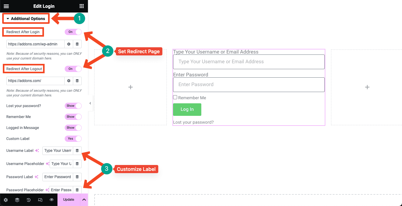 صفحات مورد نظر خود را در کادرهای Redirect After Login و Redirect After Logout کپی کنید .