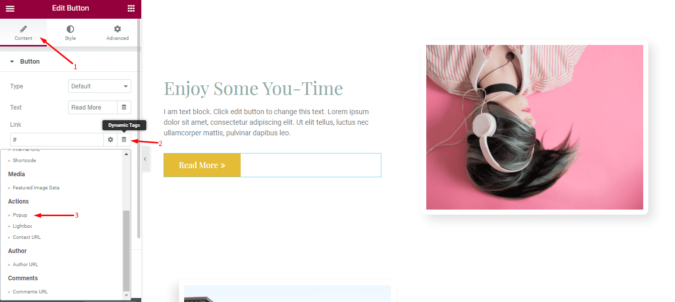 در گزینه Button در تب Content ، پیوند را روی Popup قرار دهید. برای این کار می توانید روی Dynamic در قسمت Link کلیک کنید.