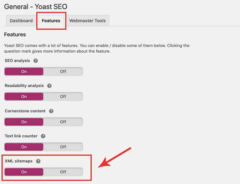 از تب Features، به گزینه سایت مپ XML Sitemap رفته و از روشن بودن آن مطمئن شوید.