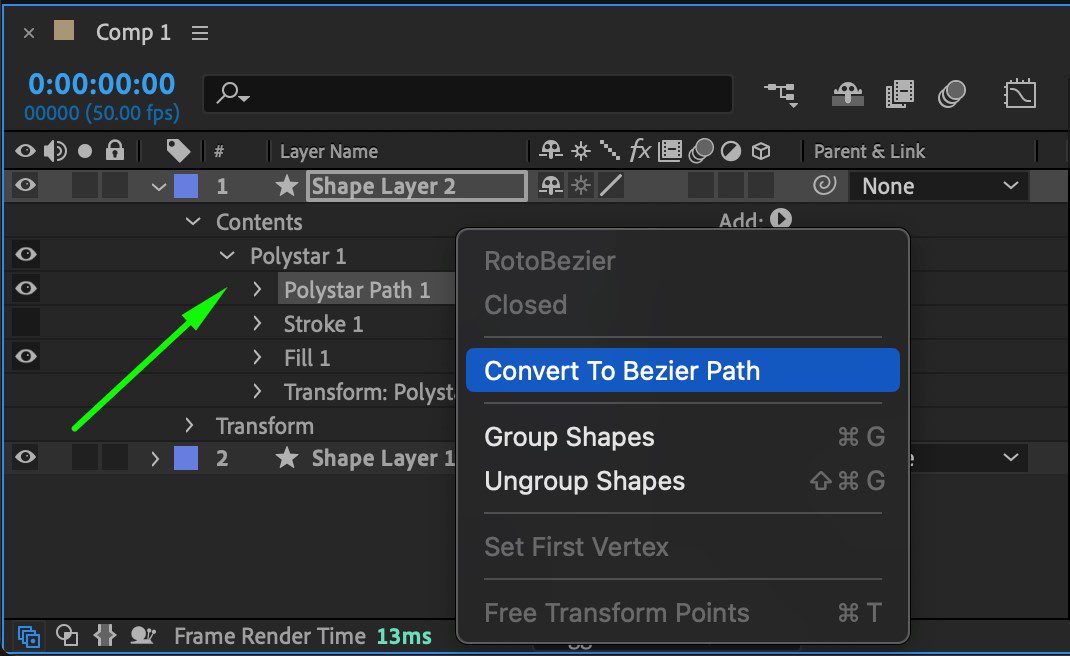 روی Shape Path 1 کلیک راست کرده و از منوی فرعی گزینه Convert to Bezier Path را انتخاب کنید.